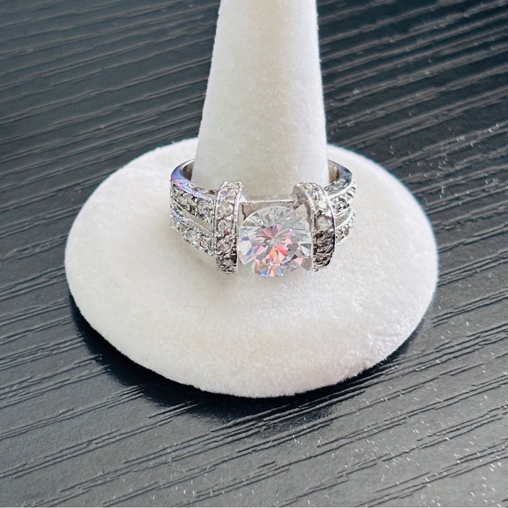 VINTAGE Sterling Silver 925 Halo CZ Ring Bridal Engagement Style
